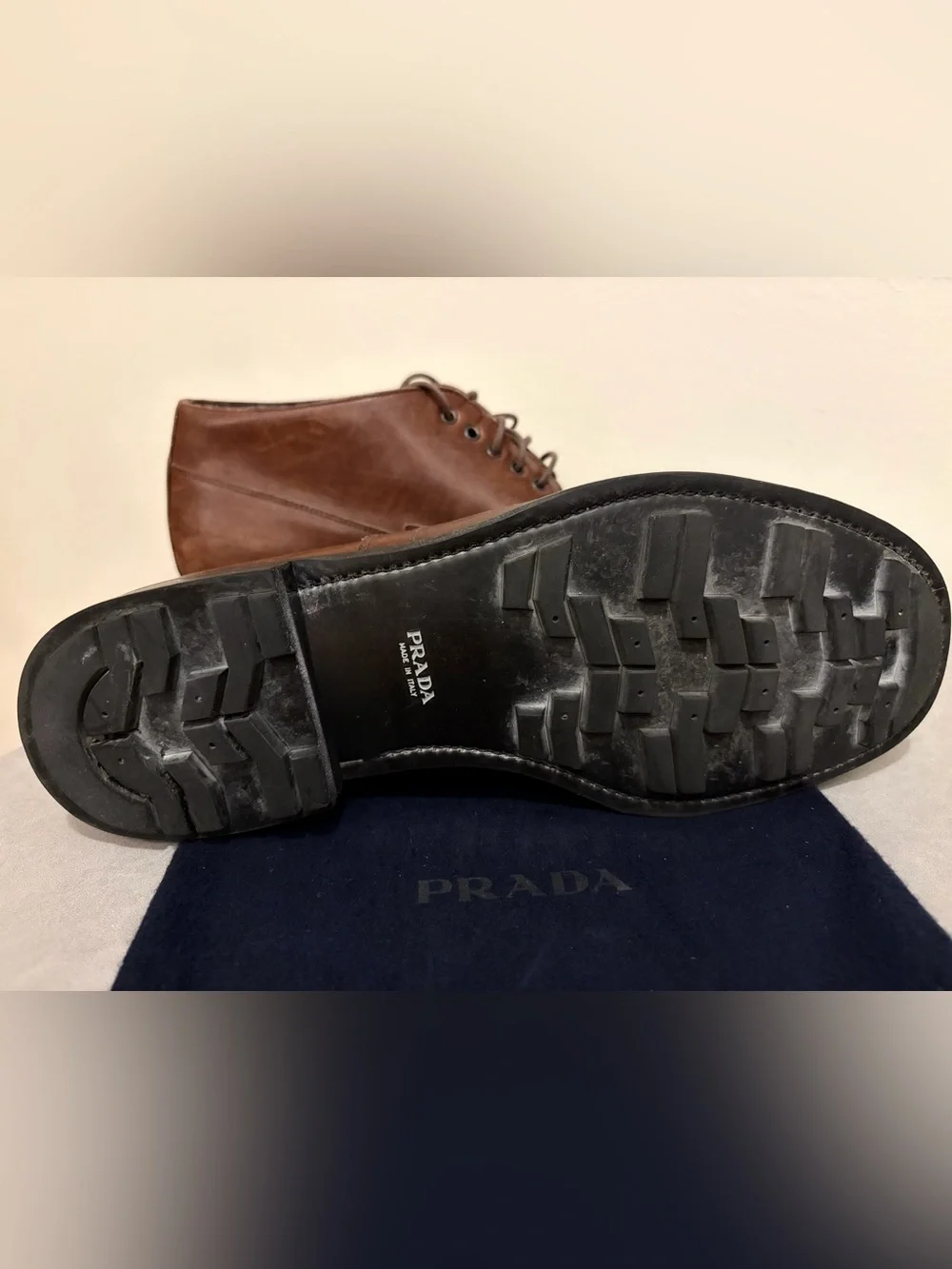 Vintage Prada Men’s Brown Leather Chukka Boots with Lace-Up Size: 8.5